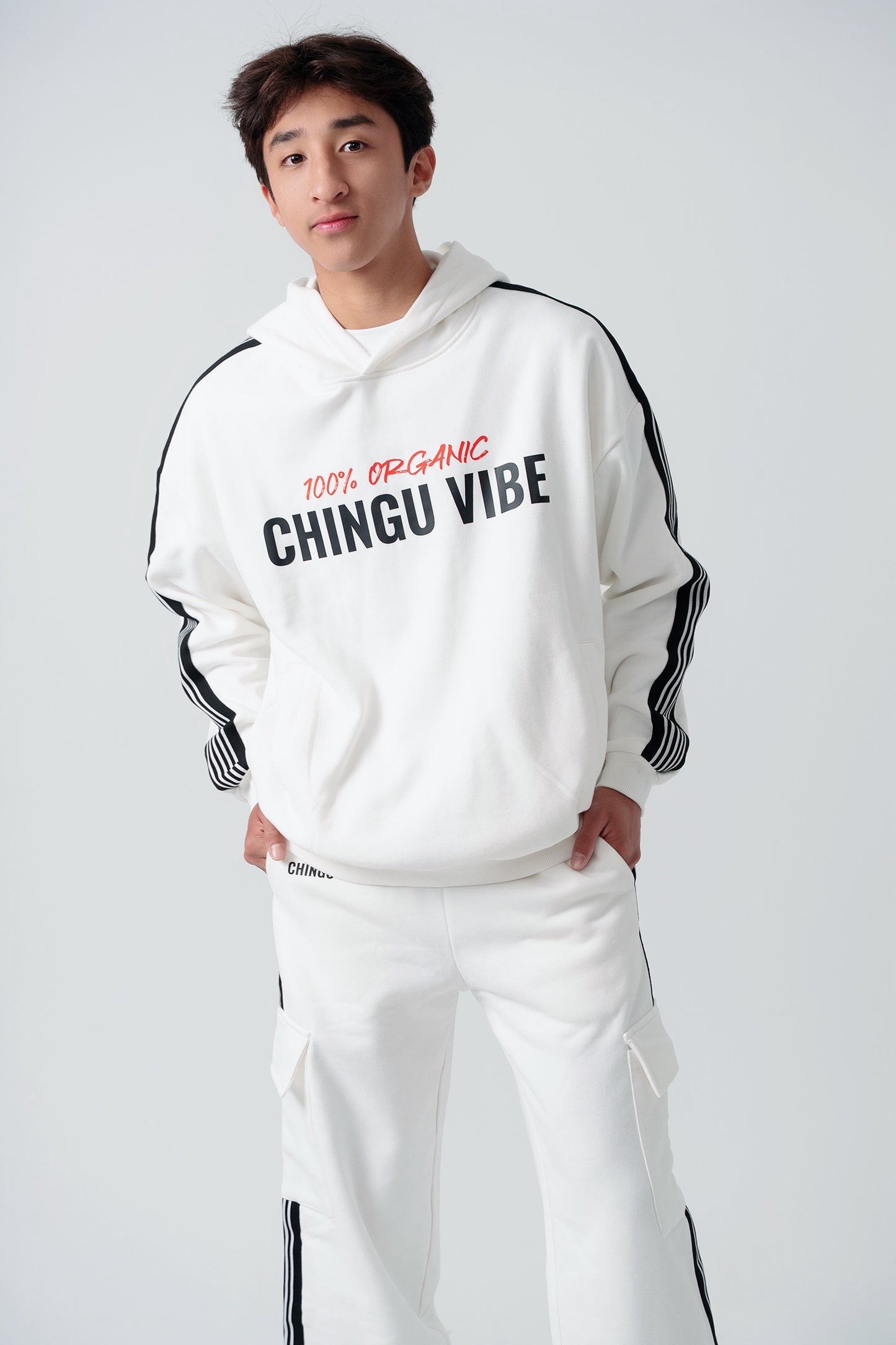 Side Stripe Drop-Shoulder Hoodie (White)