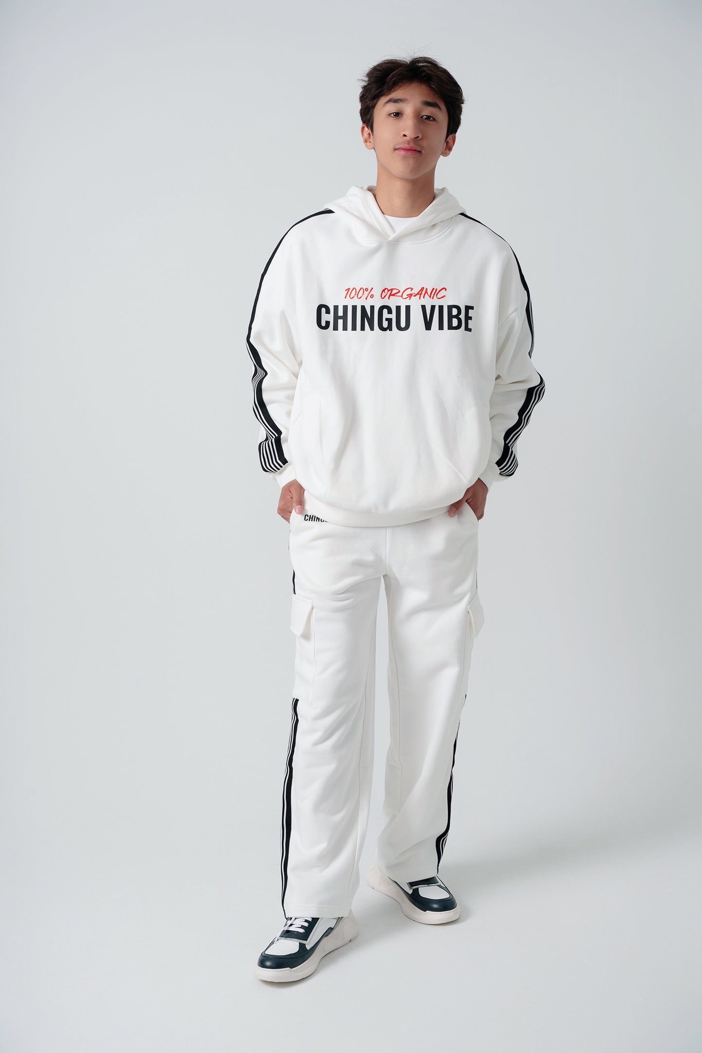 Side Stripe Drop-Shoulder Hoodie (White)
