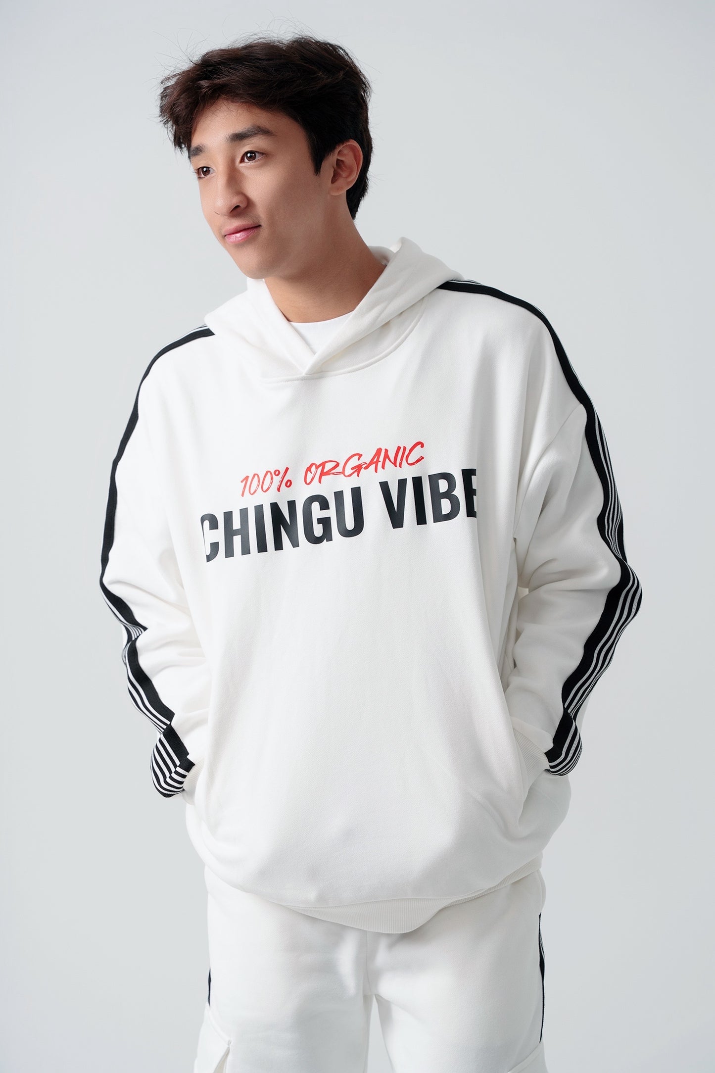 Side Stripe Drop-Shoulder Hoodie (White)