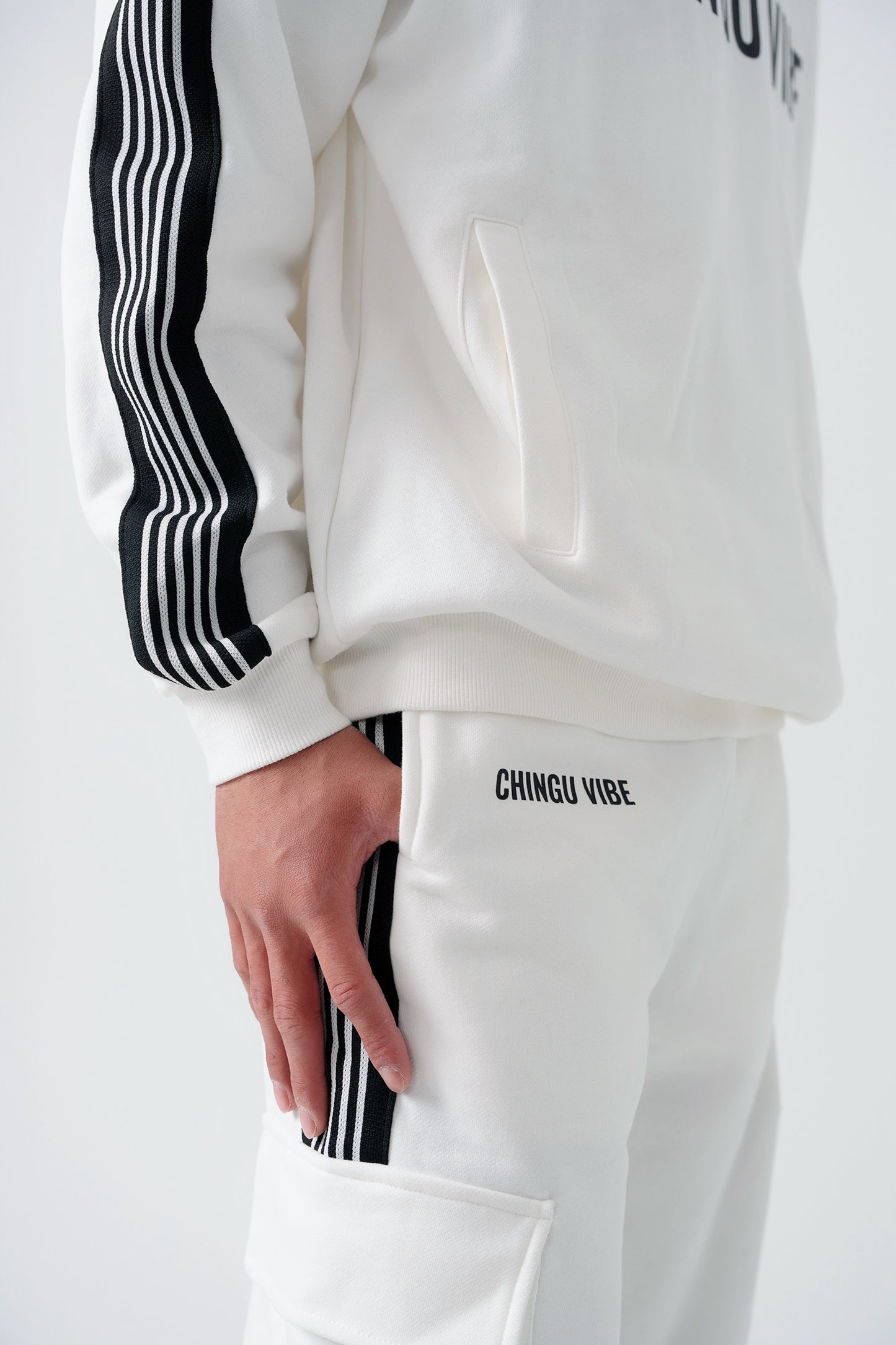Side Stripe Drop-Shoulder Hoodie (White)