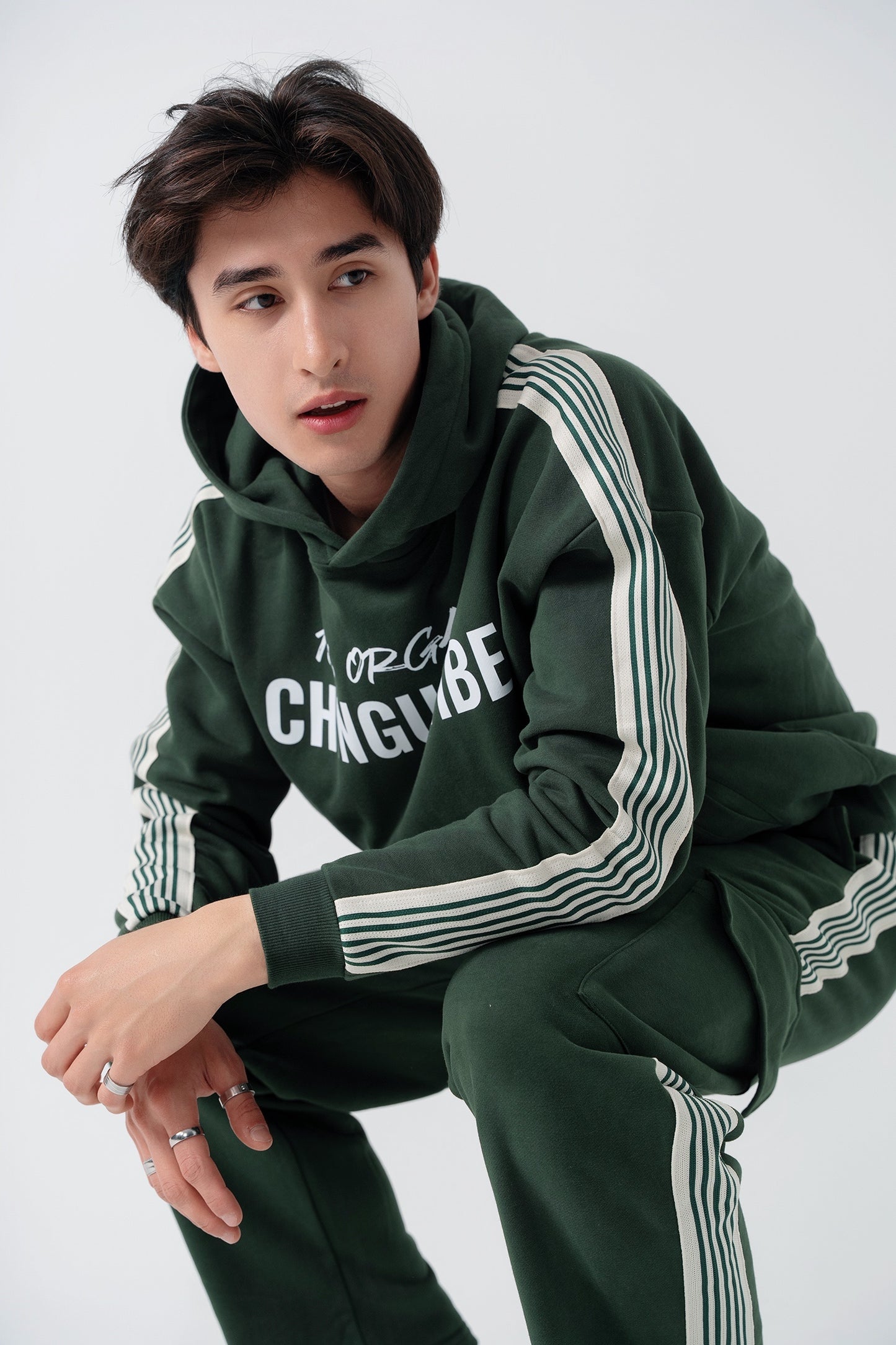 Side Stripe Drop-Shoulder Hoodie ( Black & Green)